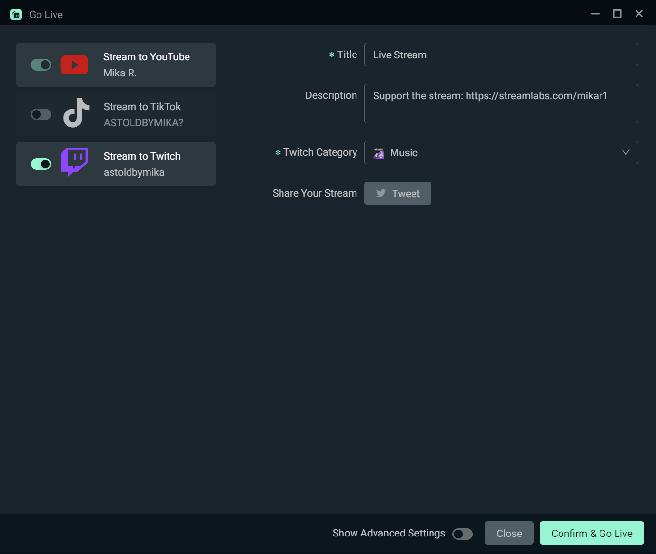 Go live window in Streamlabs Desktop with Twitch toggled on for streaming